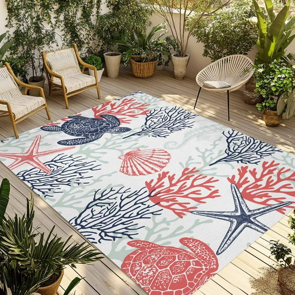 Fsddascl Blue Red Coastal Outdoor Rug for Patio/Deck, Non-Slip Large Area Rug 4 x 6 Ft, Sea Turtle Nautical Coral Summer Beach Indoor Outdoor Rugs Washable Area Rugs, Reversible Camping Rug Carpet