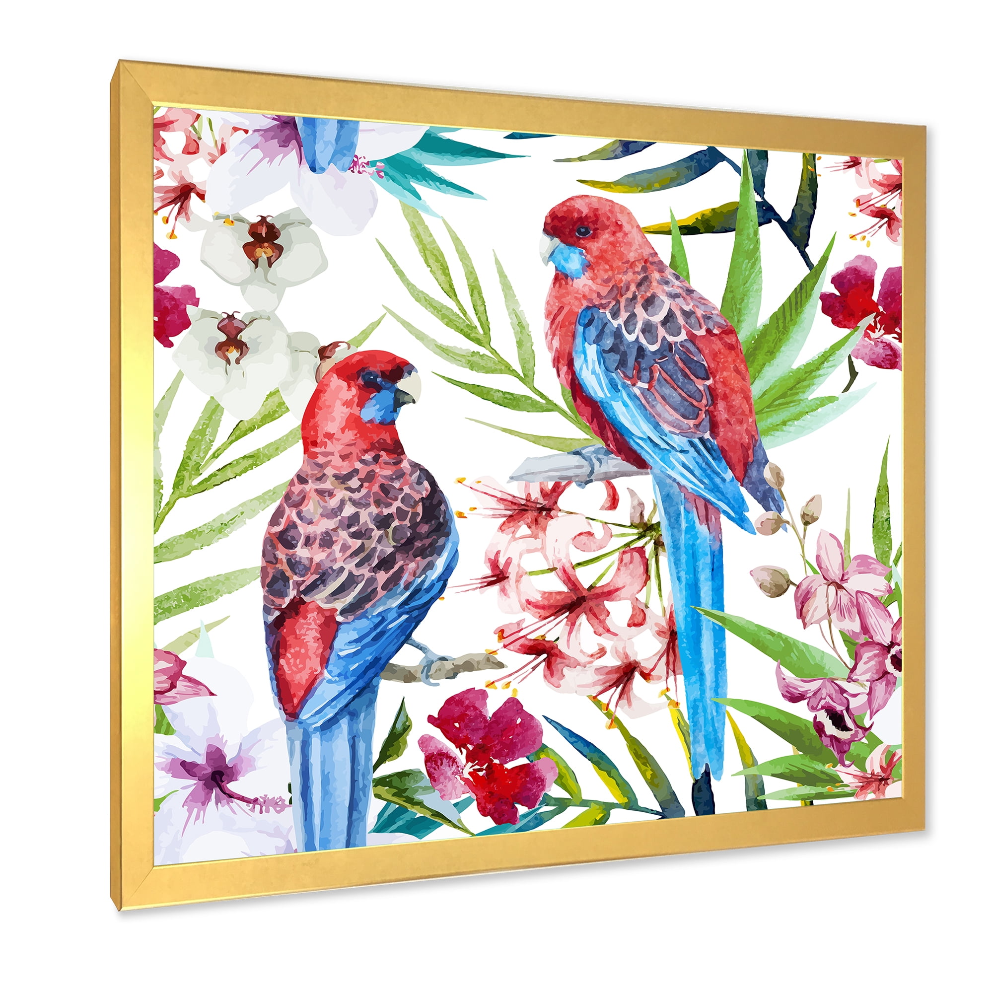 Designart 'Rosella Birds Sitting On Flowers Tree Branch' Traditional Framed Art Print