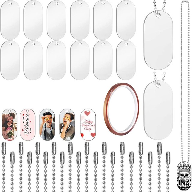 Juego de collares de etiquetas de estampado por sublimación, colgantes blancos de aluminio, cinta prensada por calor de doble cara para etiquetas personalizadas, 31 piezas