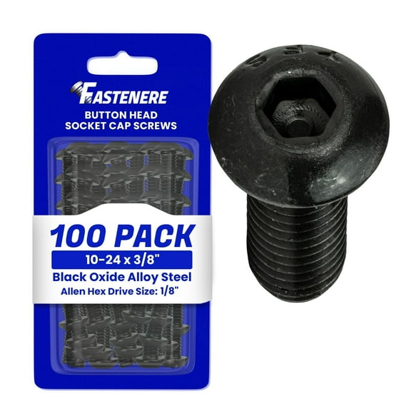Fastenere Button Head Socket Cap Screws - 10-24 x 3/8" (100-Pcs) Alloy Steel, Fully Threaded, Fine Black Oxide Finish, Corrosion-Resistant, Machine Thread, Easy to Install w/ Allen Hex Drive