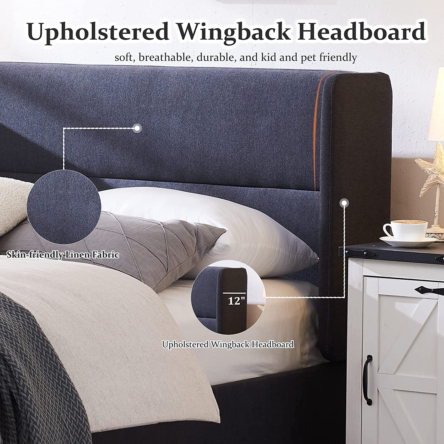 Relax & Rejuvenate Queen Size Lift up Storage Bed, Upholstered Platform Bed Frame with Modern Linen Fabric Wingback Headboard, Wood Slats Support, Noiseless, No Box Spring Needed, Dark Grey