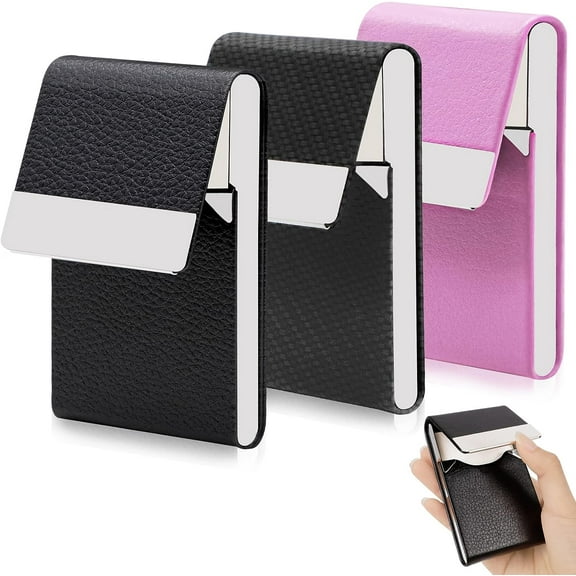 RETON 3Pcs Business Card Holder, Professional PU Leather Business Card Case, Metal Slim Name Card Pocket for Men or Women, Card Holder Wallet with Magnetic Closure