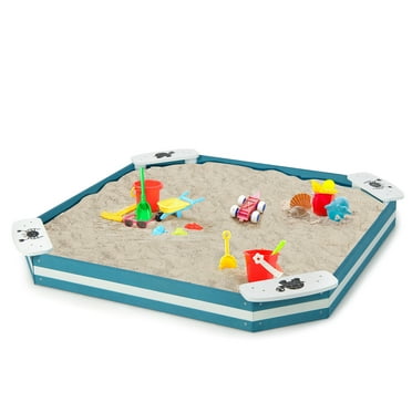 Costway Kids Outdoor Wooden Sandbox with Animal Patterns, Bottomless Sandpit, Blue/White