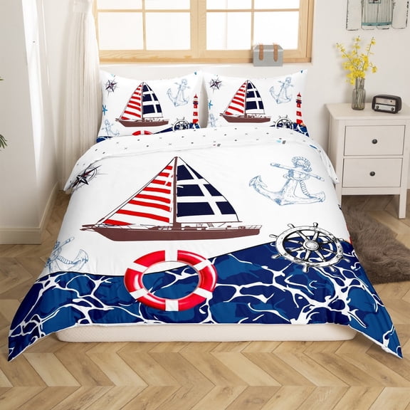 Erosebridal Ocean Anchor Twin Bedding,Nautical Stripes Boat Duvet Cover Set,Sea Theme Room Decoration,2pcs,No Comforter