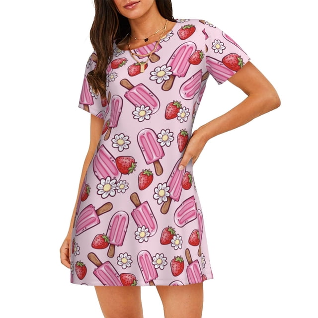 Fotbe Strawberry Popsicle Bata de Dormir para Mujer con Estampado, Camisón de Algodón de Manga Corta, Ropa de Dormir Casual
