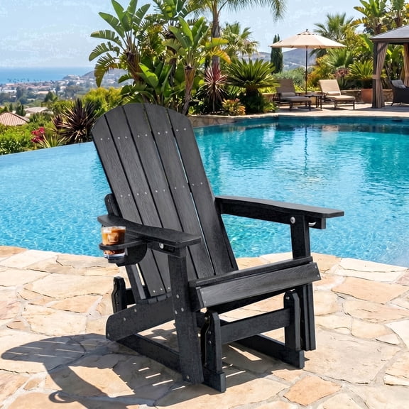 DEAUL HDPE Adirondack Outdoor Glider Chair, 3-Position Adjustable Backrest Patio Glider Rocker, All-Weather Heavy Duty Rocking Chair for Pool, Yard, Black (1 Pack)