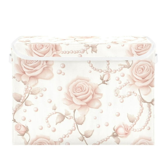 Roses and Pearl Vintage Foldable Storage Bin with Lid and Handle Collapsible Storage Box 16.5 x 12.6 x 11.8 inches