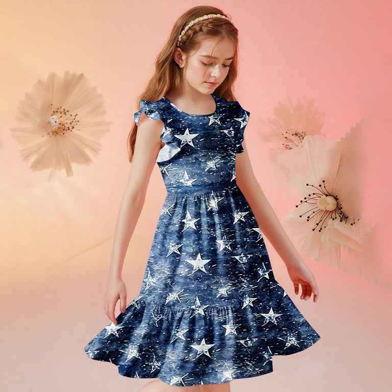 blue star print dress Avrnliq Girls Blue Star Print 4th of July Dress Patriotic Tie-Dye Style  Short Sleeve Ruffle Midi Dress Independence Day Casual Outfit,Size 7-8 T