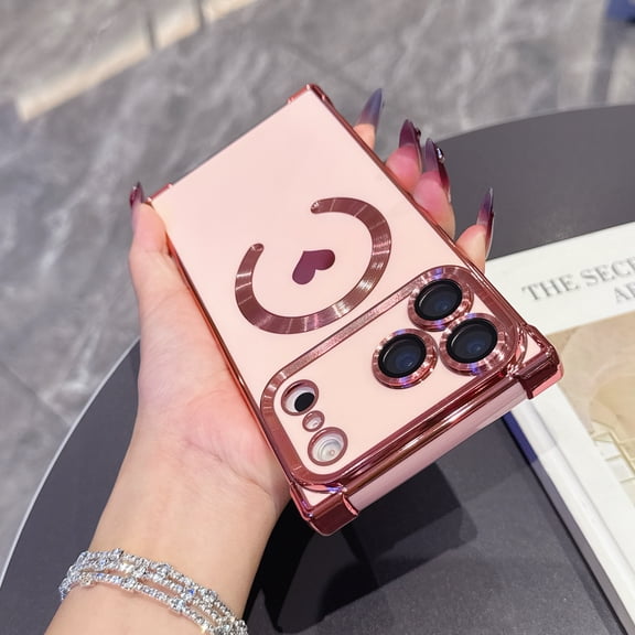 Stylish Magnetic Case for iPhone 16 Pro Max, Luxury Heart Pattern Plating Frame Slim Lightweight Anti-Scratch Phone Cover with Full Lens Protector for Women Girls, Pink