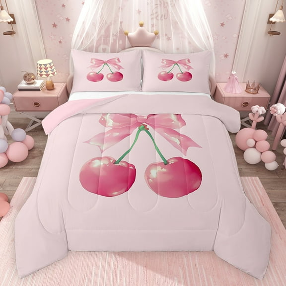 Feelyou Pink Cute Cherry Bedding Comforter Set, Dreamy Cartoon Bowknot Bow Twin Comforter Sets, Teens Kids Boys Girls Reversible Bedding Set, Lightweight Room Decor, 2pcs