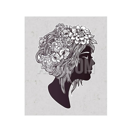 Hand Drawn Beautiful Artwork of a Girl Head with Decorative Hair and Romantic Flowers on Her Head. Print Wall Art By Katja