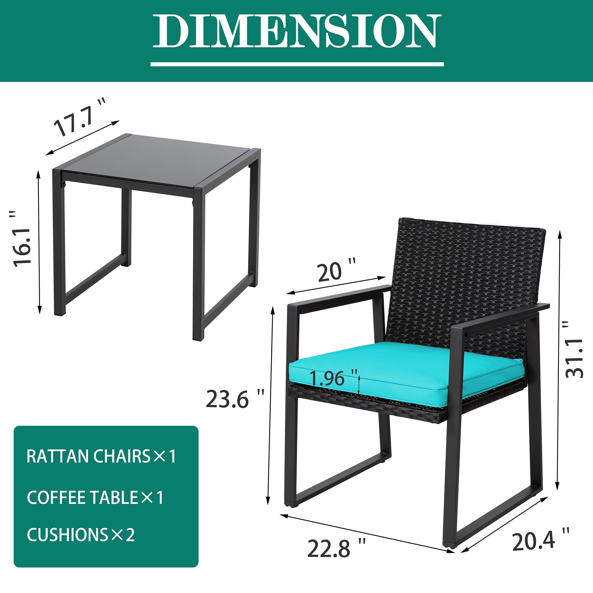 Walsunny Outdoor Patio Bistro 3-Piece Balcony Furniture Sets with 1 Outdoor Bistro Glass Table Bistro Wicker Chairs Set of 2 Blue