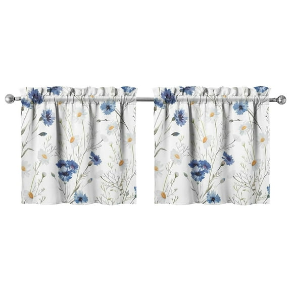 Sunny Daisy Print Kitchen Curtains 2 Pack - Vintage Boho Floral Semi-Sheer Rod Pocket Panels, 27.5x24 Inch