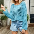 thumbnail image 2 of Fartey Crochet Knit Crop Sweaters for Women Loose Casual Cropped Hollow Out Sweater Solid Color Long Sleeve Crew Neck Pullover Tops Blue L, 2 of 7