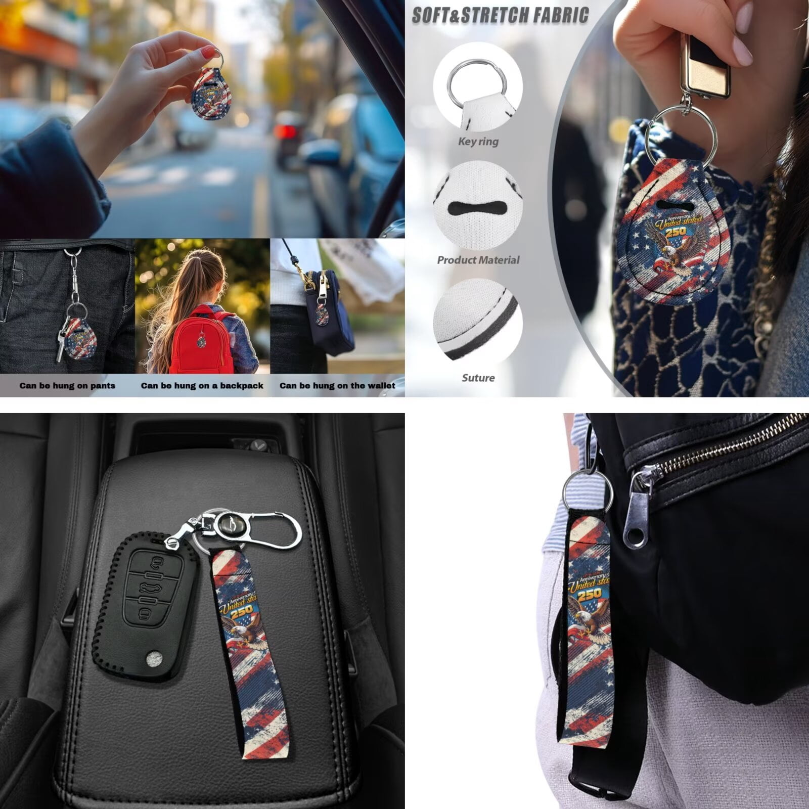 Jeiento Car Seat Covers Full Set with Steering Wheel Cover Safe Belt Pads Coasters Center Console Cover 250th Eagle Flag Keychain Chapstick Holder 13 PCS Auto Interior Sets Accessory
