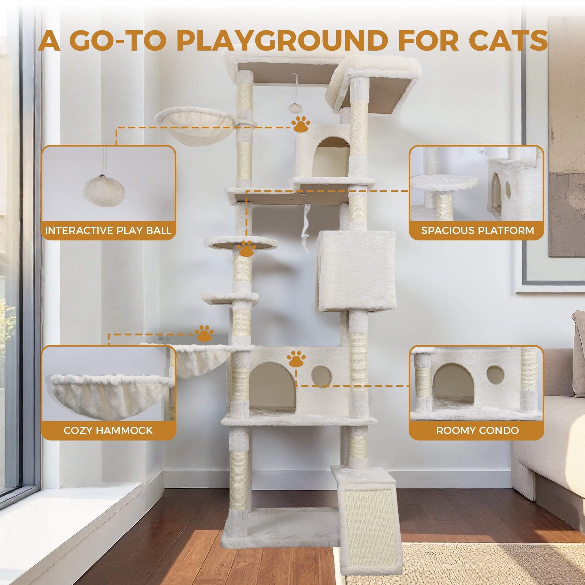 Jopath Cat Condo 84 In Beige Cat Tree Tower Sturdy Large Cat Tower With Large Condo Sisal Scratching Post Big Hammock And Top Platform For Adult Cats Kittens