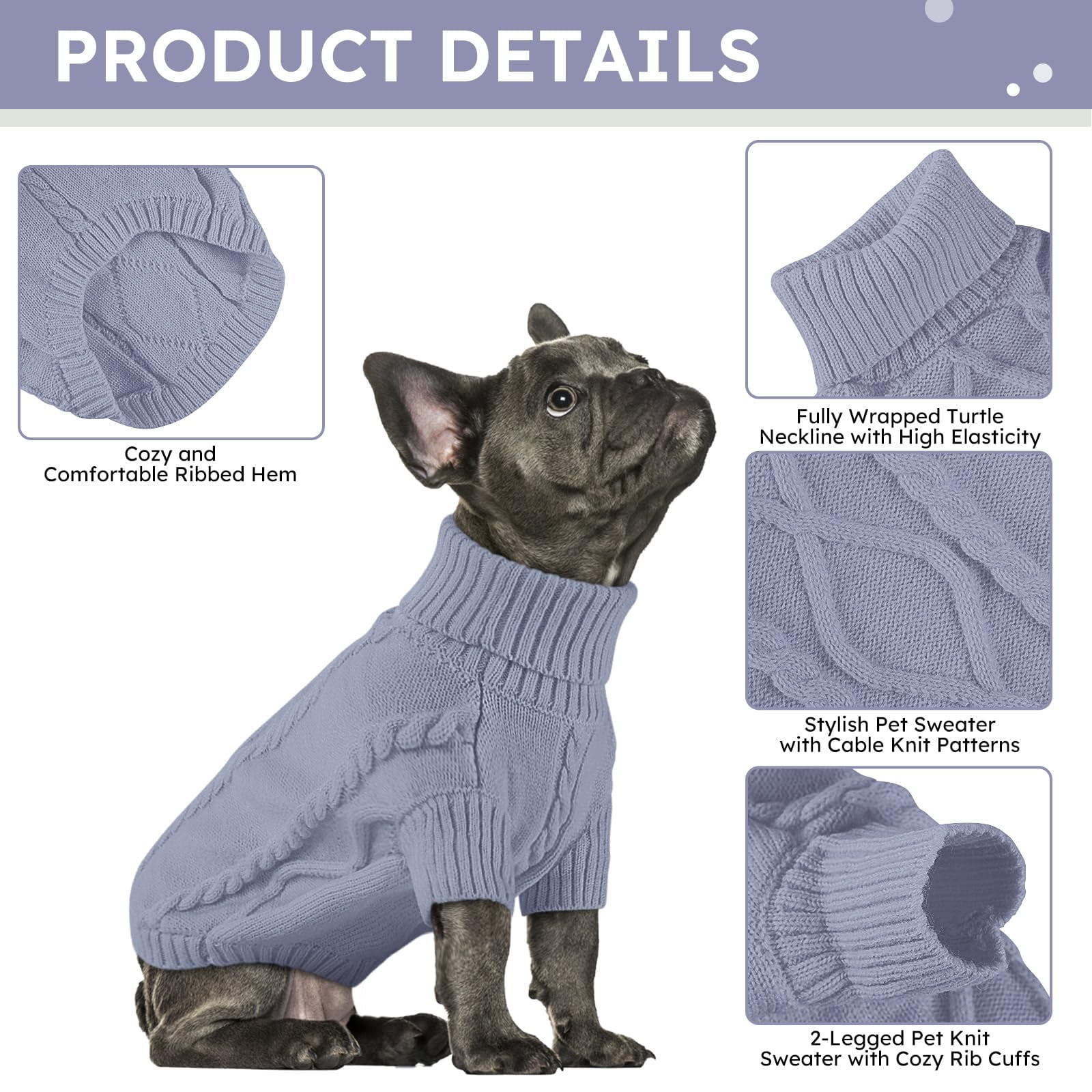 PayUSD Small Dog Pullover Sweater, Cold Weather Cable Knitwear, Classic Turtleneck Thick Warm Clothes for Chihuahua, Bulldog, Dachshund, Pug, Yorkie
