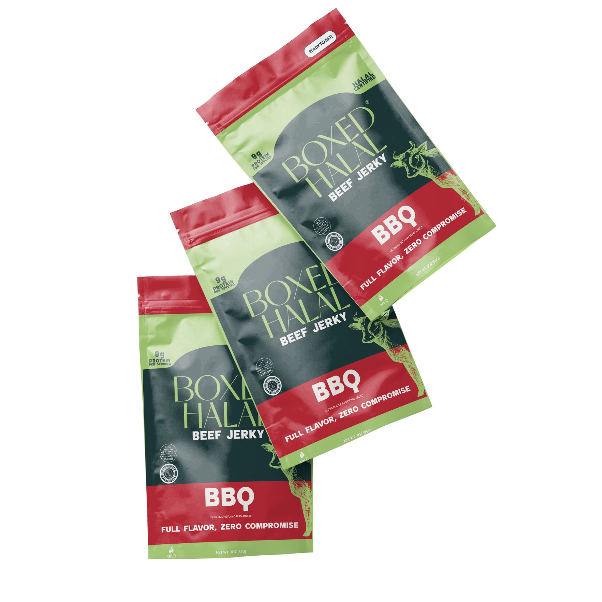 BOXED HALAL Premium 100% Grass-Fed BBQ Beef Jerky Strips, 13g Protein, HFSAA Certified Halal, Keto Friendly Snack, 3 Oz. Bags (3 Pack)