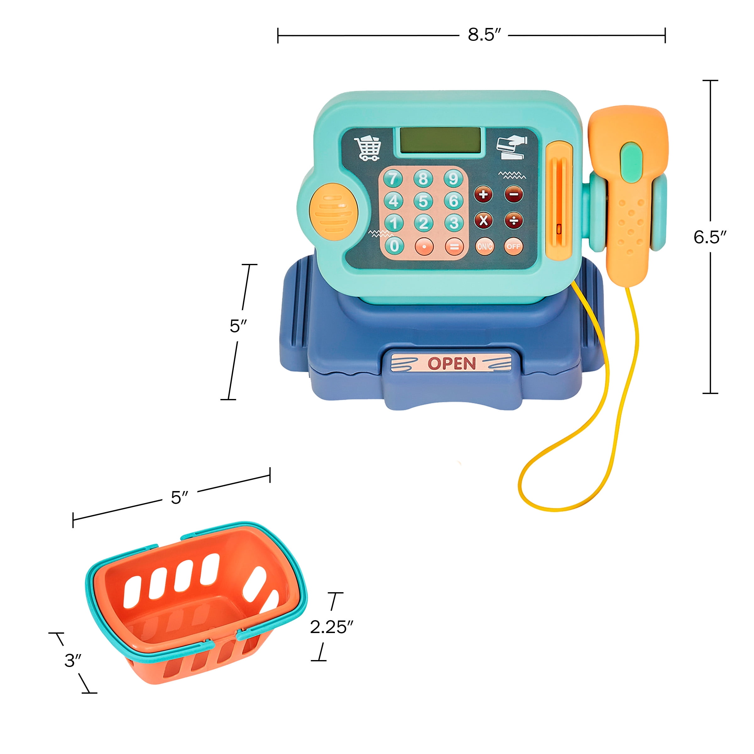 Cash Register for Kids – 30-Piece Set for Grocery Store Pretend Play with Shopping Basket, Toy Money, and Working Calculator by Hey Play (Blue)