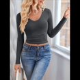 thumbnail image 4 of Camisas de Larga para Mujer, Moda Otoño 2025, Cuello en V, Blusas Básicas, Blusas Ajustadas Y2K. Gris M, 4 of 10