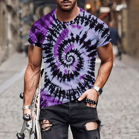 SGFCWSX Men's Short Sleeve T-Shirts, Tie Dye Casual Crewneck Everyday Wear Tee for Men Purple Size 2XL