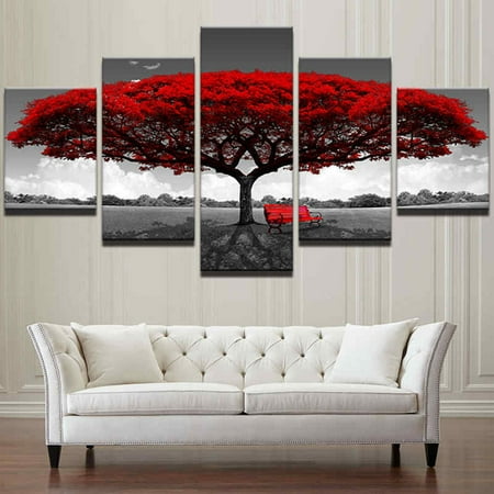 - 5 Panels Big Size Home Decor Creative Canvas Print Pictures Modern Red Tree Scenery Bench Oil Painting Wall Art Unframed