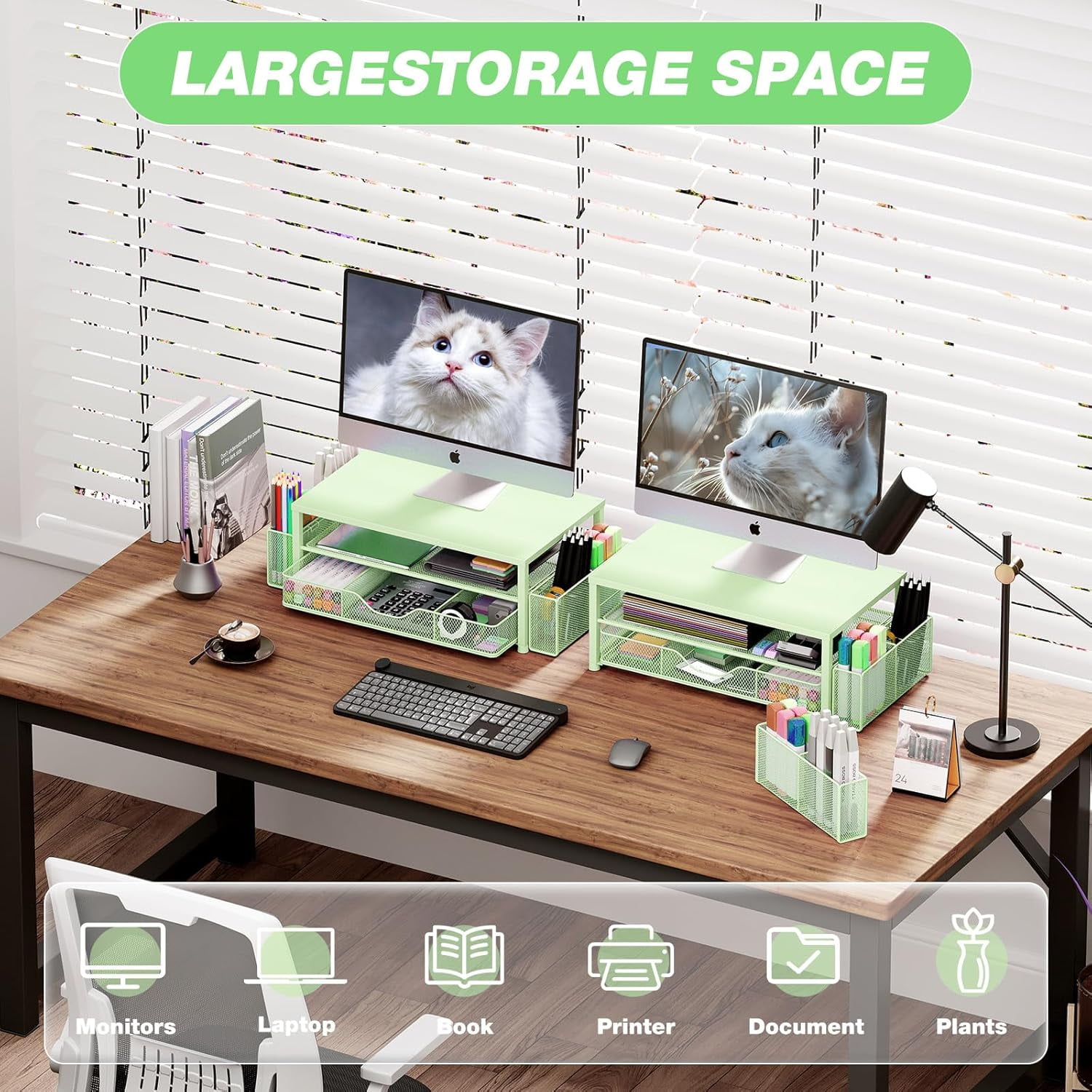 Desk Organizers and Accessories, 2-Tier Computer Monitor Stand Riser with Drawer and 2 Pen Holders, Office Desk Accessories for Office Supplies