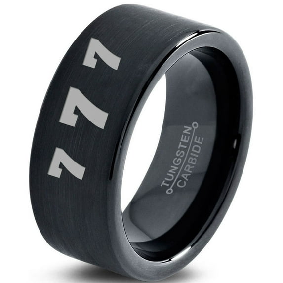 Tungsten Lucky Number Seven Band Ring 9mm Men Women Comfort Fit Black Flat Cut Brushed Polished