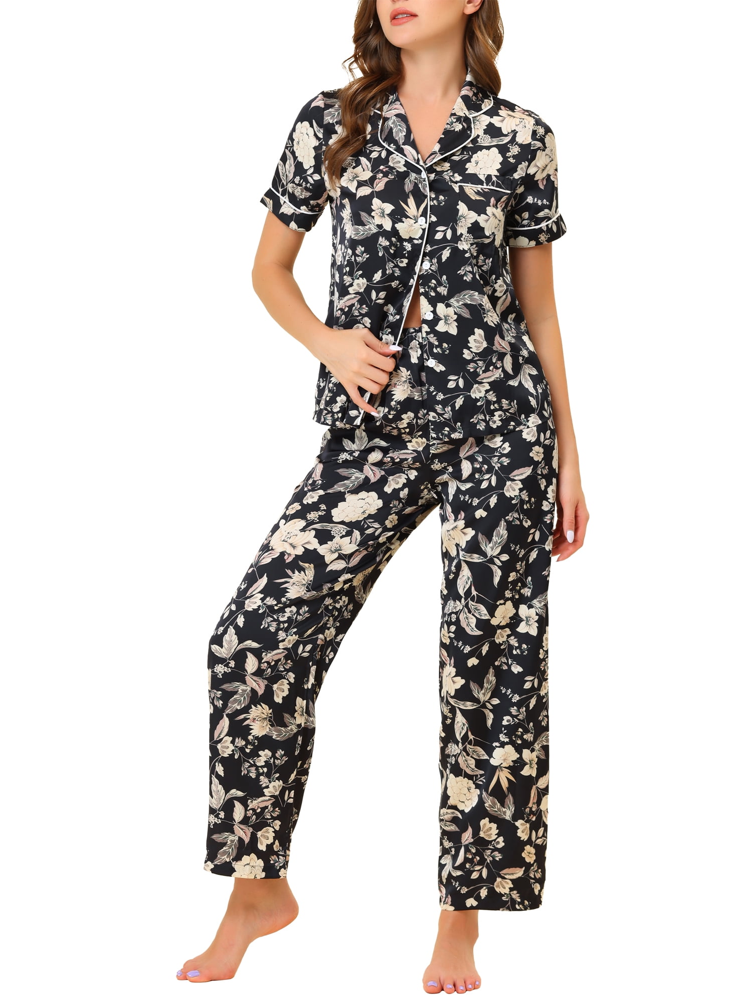 Unique Bargains Women's Pajama Set Silk Short Sleeves and Pants Floral Satin Sets