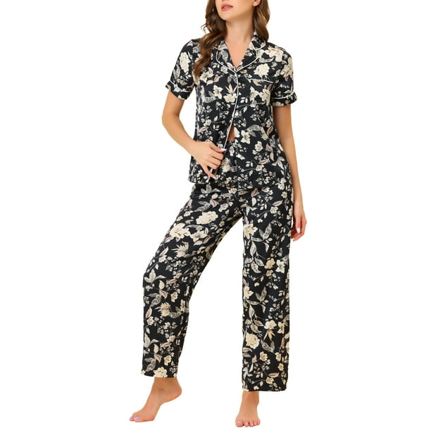 Conjunto de pijama de satén para mujer INSPIRE CHIC, top de seda con flores de mangas cortas y pantalones, 2 piezas, pijamas M en negro y blanco