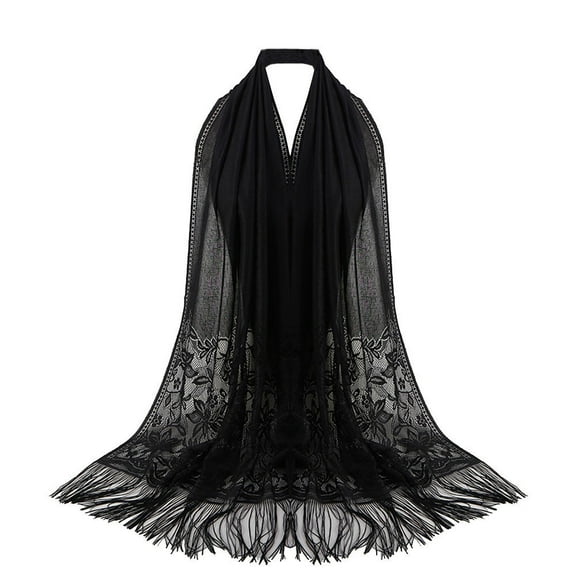 UJNDER Scarf for Women Tassel Lace Hollow Long Hijab Shawl Wrap Black_#2 One Size
