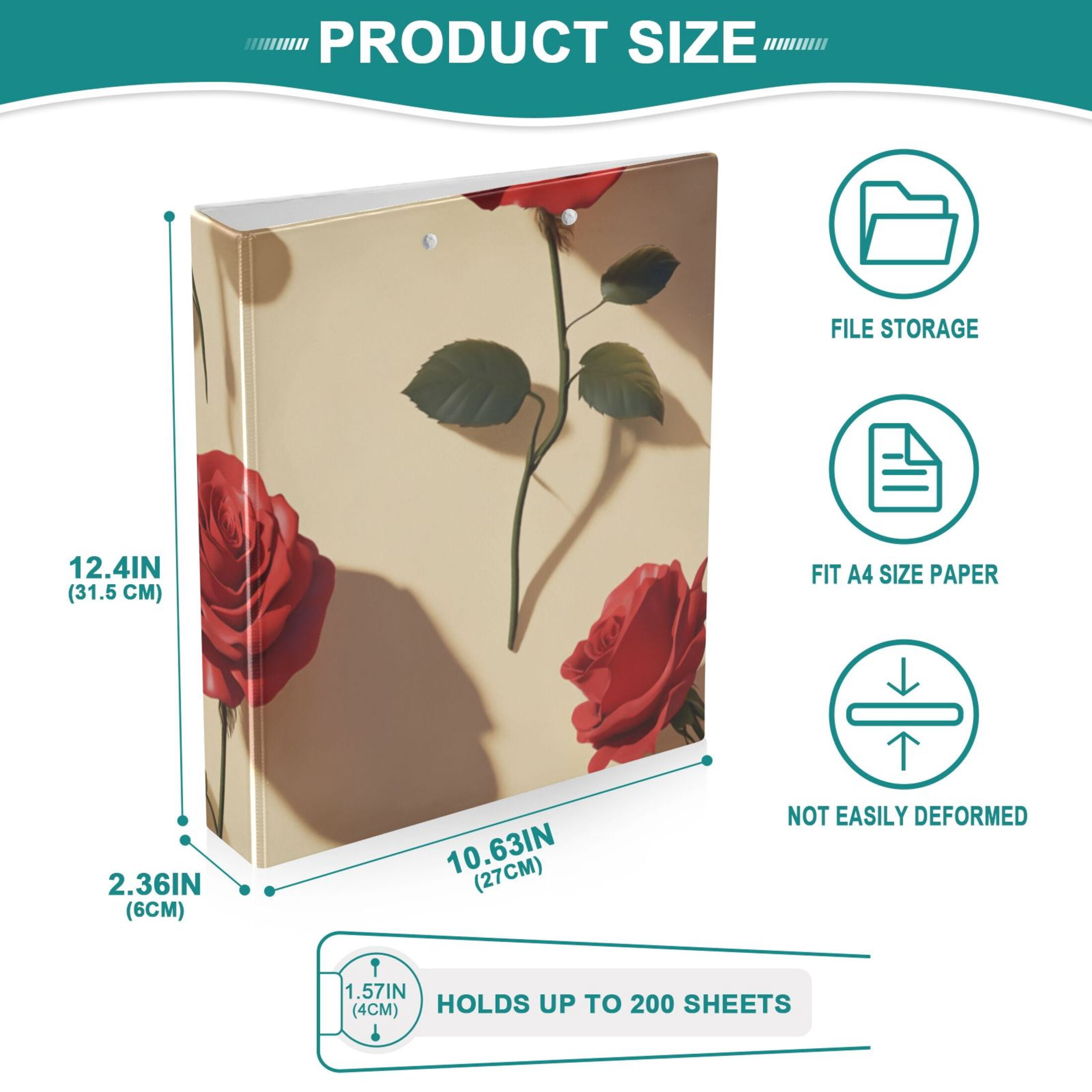 Roses in Yellow 3 Ring Binders 1.5 inch Hardcover File Folders with Interior Pockets A4 Size Organizer for School Office Hospital