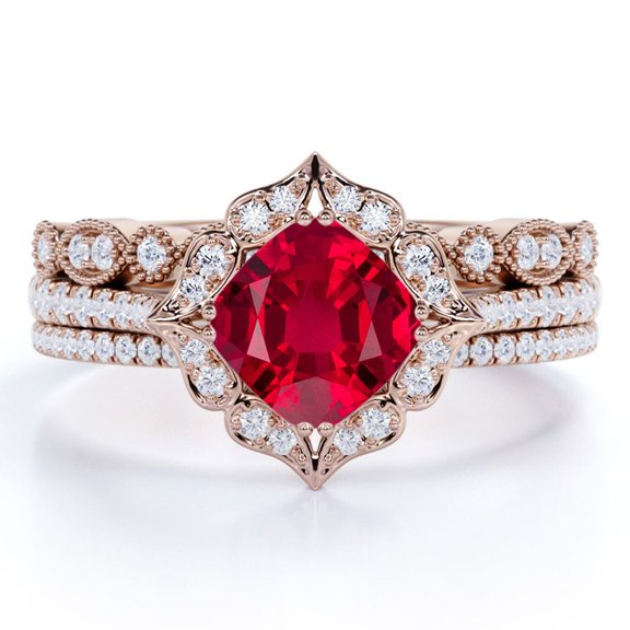 JeenMata 2.25 Carat Cushion Cut Vintage Simulated Ruby Trio Ring Set in 18k Rose Gold over Silver