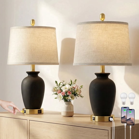 Lolikit Retro Black Ceramic Jar Table Lamps Set of 2 for Bedroom Living Room 23" Farmhouse Nightstand Bedside Lamp with USB A C Ports