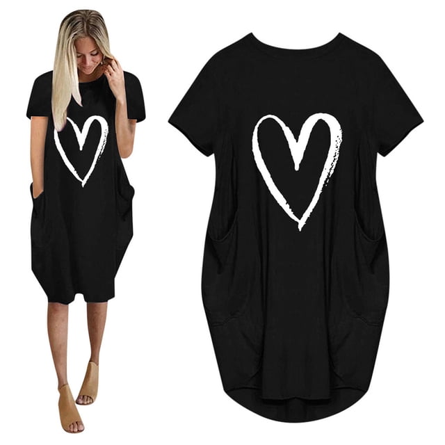 Robes Formelles et de Soirée Aqestyerly Mode Femmes Ample Imprimé Amour Col Rond Poches Robe Décontractée Manches Courtes