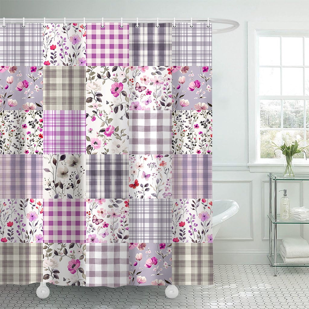 Cute Plaid Floral Shower Curtain, Boho Purple Pink Flower Fabric Shower Curtains for Bathroom, Retro Purple Pink Floral Checkered Patchwork Bath Curtain Set Washable Waterproof with 12Hooks,72X72in