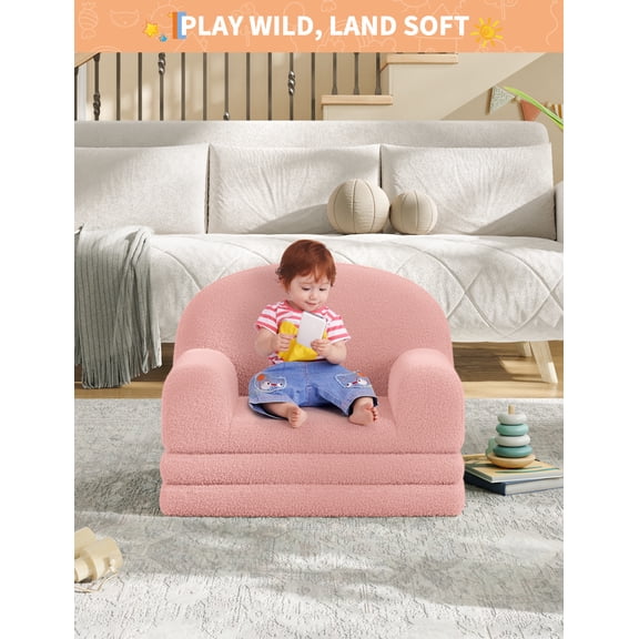GOCAPTAIN Kids Sofa, 2-in-1 Convertible Toddler Couch Lounger with Soft Sherpa Fabric, Fold-Out Foam Sleeper for Boys & Girls, Pink