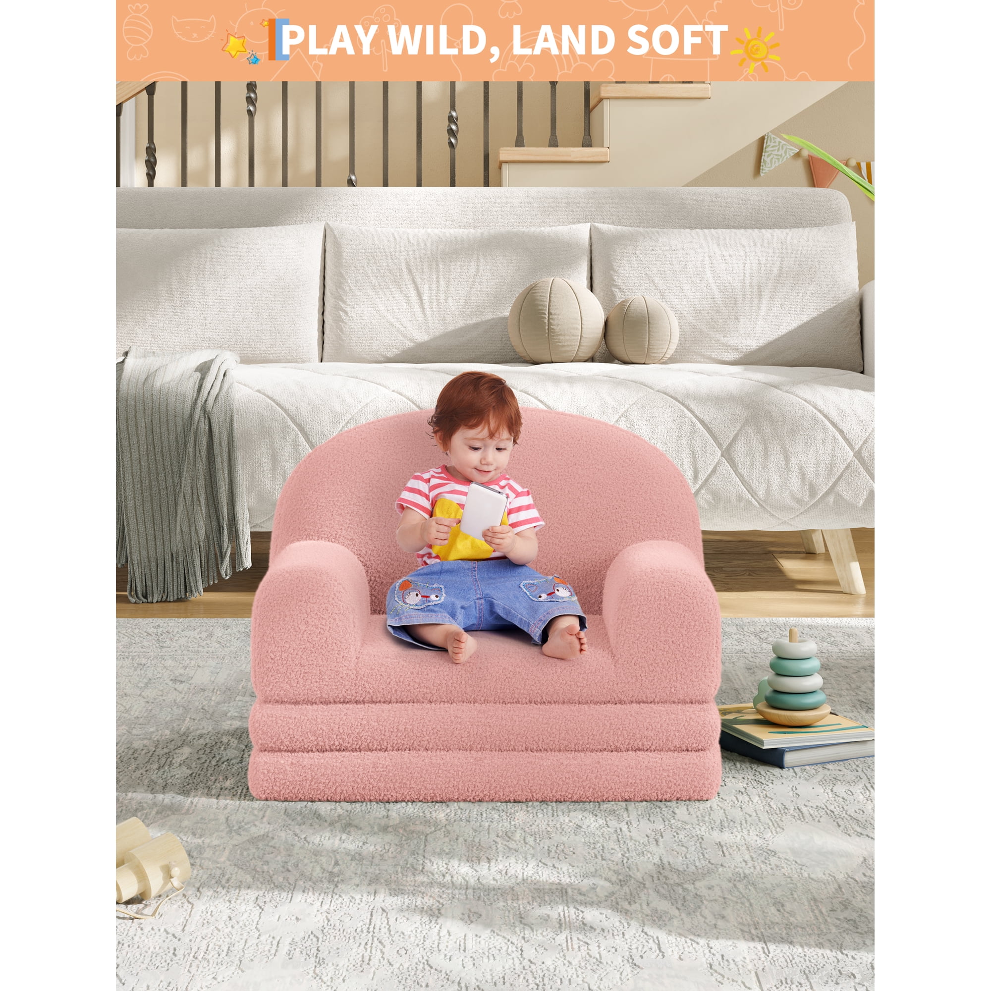GOCAPTAIN Kids Sofa, 2-in-1 Convertible Toddler Couch Lounger with Soft Sherpa Fabric, Fold-Out Foam Sleeper for Boys & Girls, Pink