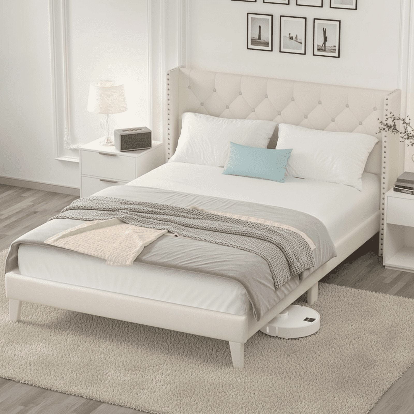 Full Size Upholstered Platform Bed Frame with Wingback Headboard, Diamond Tufting, and LED Lights - Wood Slat Support, No Box Spring Needed, Easy Assembly, Noise-Free, Beige
