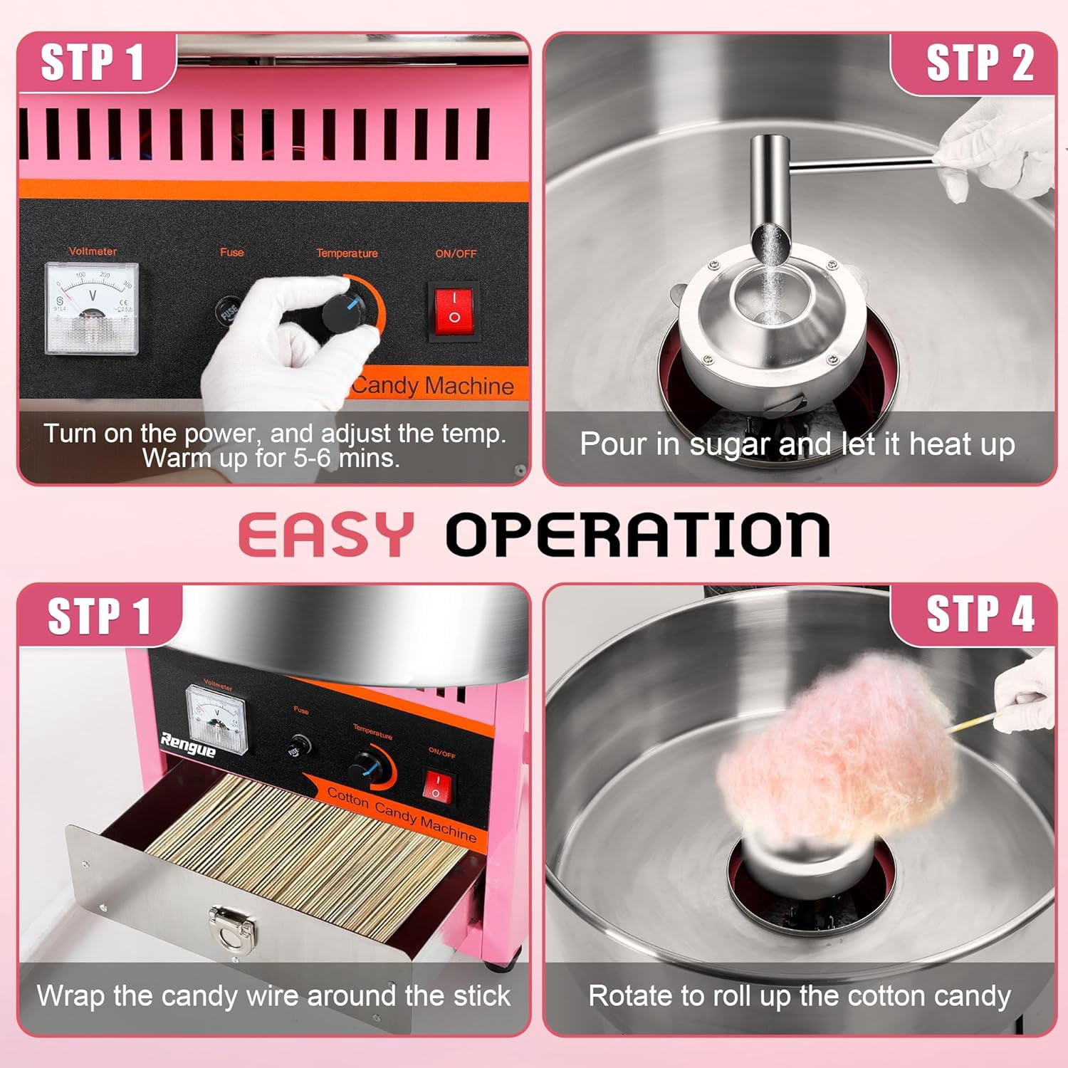 Pink Electric Cotton Candy Machine Commercial, 1000W Cotton Candy Maker with Stainless Steel Bowl, Sugar Scoop, Storage Drawer, Perfect for Family Party, Kids Birthday