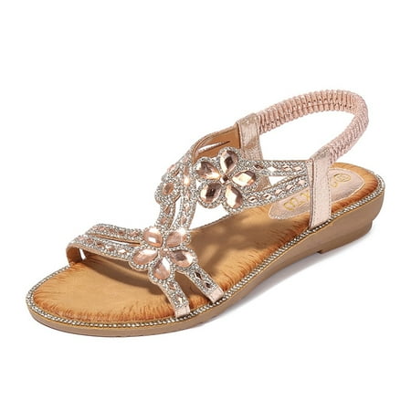 

YTJX Bohemia Summer Women Ladies Bling Flower Flat Sandals Beach Casual Shoes