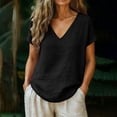 thumbnail image 2 of Aoiroe Women Cotton Linen V Neck Short Sleeve Tunic,Work Blouses for Women Soft Fashion Cotton Blouses Y2k Tops Workout Gym Shirts Loose Fit Casual V-Neck Tops Lounge Tops for Women Black XL, 2 of 8