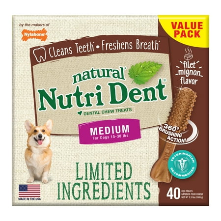 UPC: 0018214842842 | Nylabone Nutri Dent Natural Dental Filet Mignon Flavored Chew Treats 40 count Medium – Up to 30 lbs.