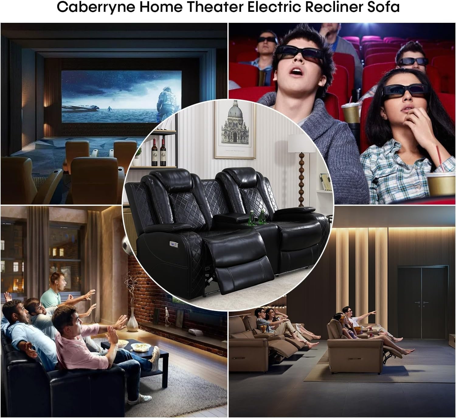 Air Leather Power Recliner Set with LED Lights, USB Port, Wireless Charger, Storage Console & Cup Holder for House, Home Theater & Apt, Black, Loveseat