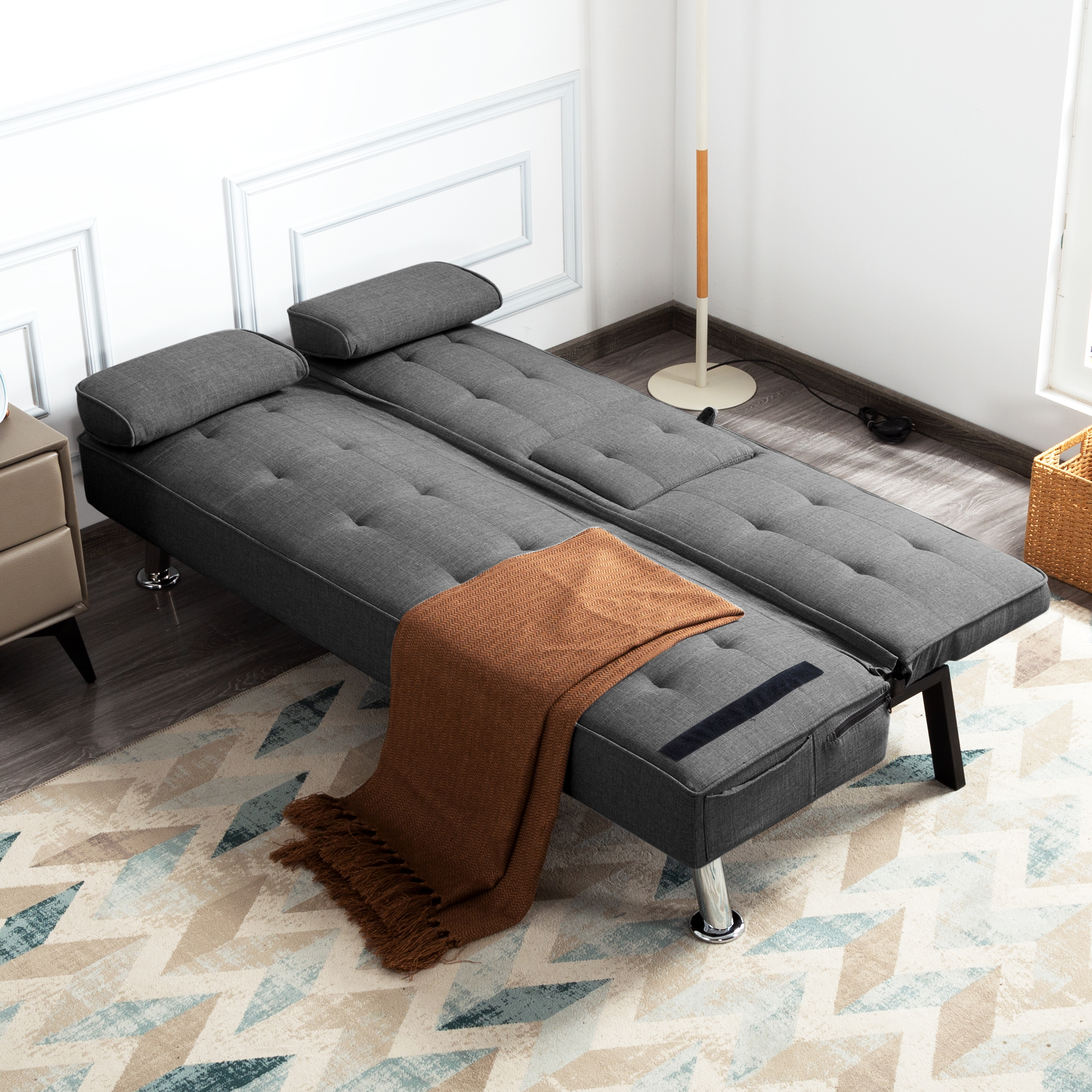 Gewnee 65.35" Futon Sofa Bed Metal Frame 5 Adjustable Positions Cup Holders Storage Pocket Office Apartment Dark Grey