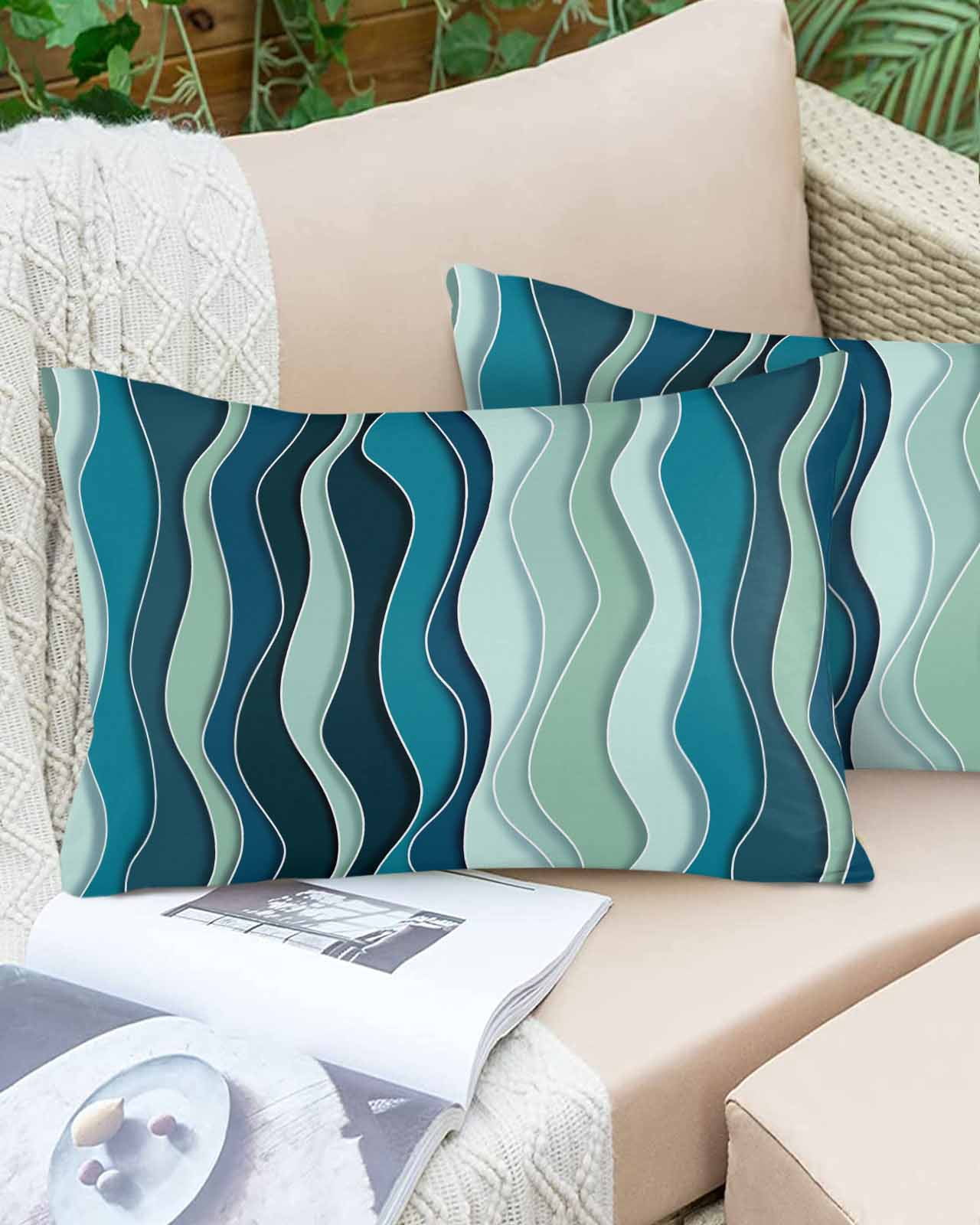 Outdoor Waterproof Throw Pillow Covers Set of 2 Teal Waves Decorative Pillowcases Lumbar Outdoor Pillows Cushion Case 20x12 Inch Abstract Lines Patio Pillows for Couch Sofa Bed Garden