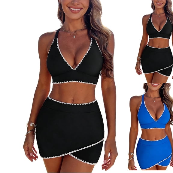 LEKWK Two Piece Swimsuits for Women Halter V Neck Crop Top Mini Skirt Bottom Bathing Suits Tummy Control Modest Summer Resort Holiday Outfits