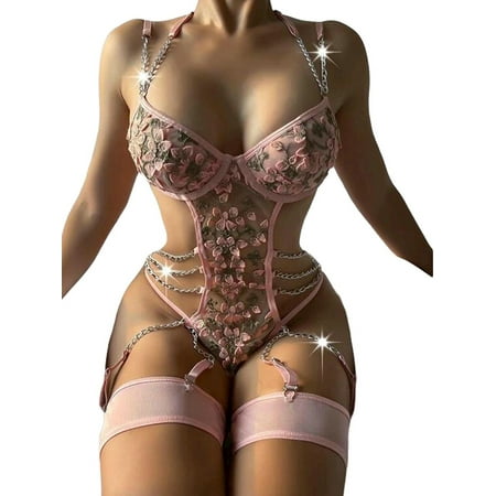 

SpringTTC Women s Christmas Lingeries Sexy Sheer Floral One Piece Temptation Bodysuit with Garter Belt