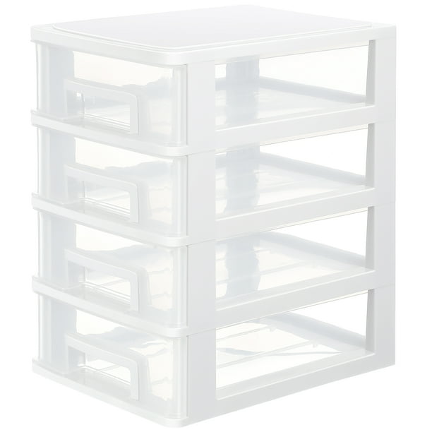 Minicaja de almacenamiento de plástico transparente con 4 cajones para escritorio, organizador de cosméticos y artículos diversos (blanco y transparente)