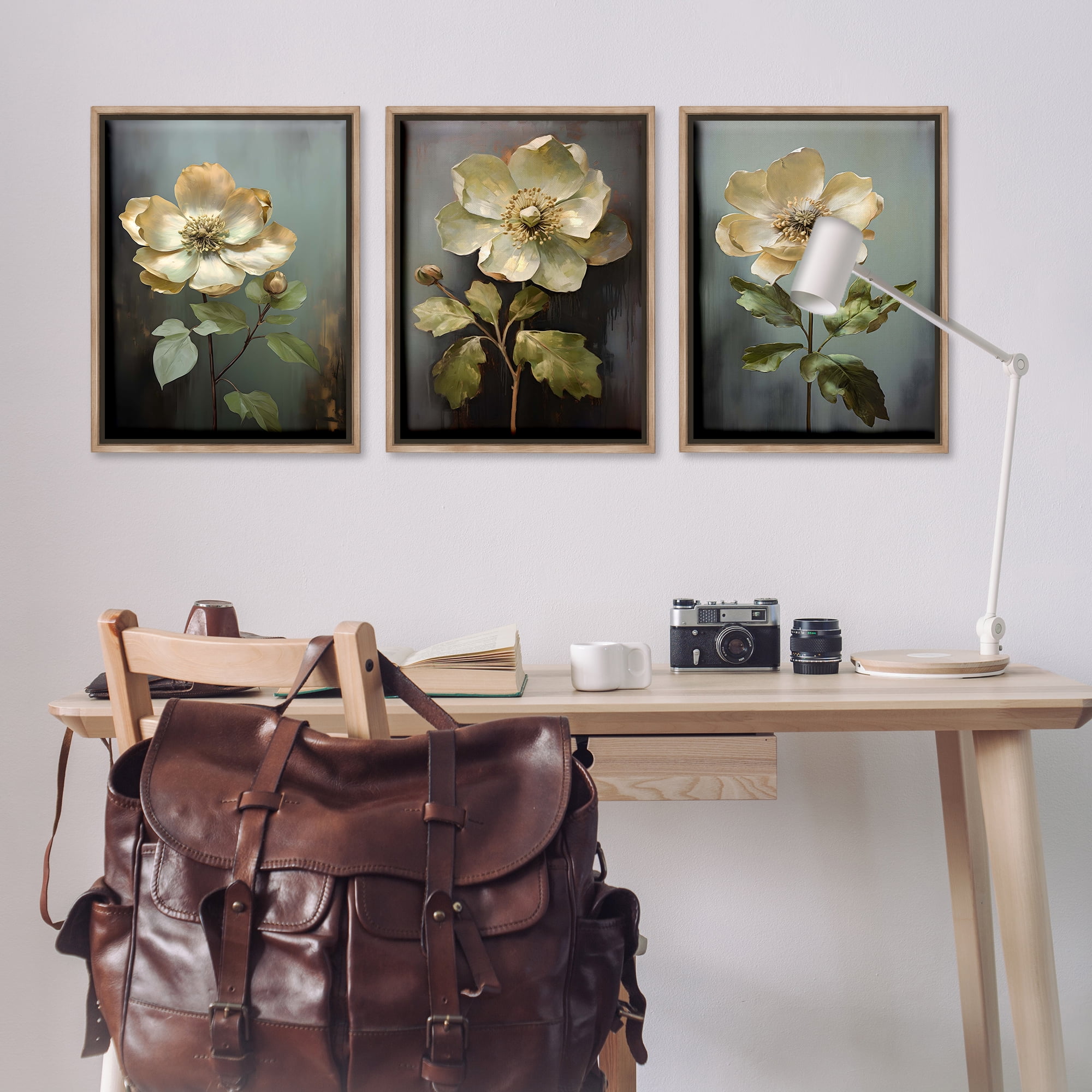 Stupell Industries Detailed Magnolia Flowers Plants & Flowers Painting Brown Floater Framed Canvas Art Print Wall Art, 21 x 31, Set of 3